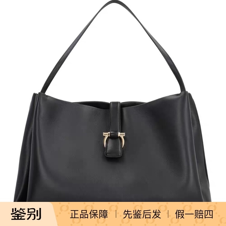 Ferragamo Gancini Metal Logo Magnetic Closure Tote Bag Handbag Medium Size 777335