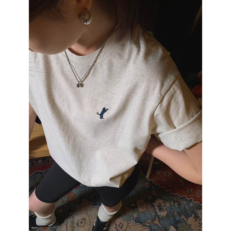 Pii 2024Ss Cat Hunting Hunter Kitten Oatmeal Gray Retro American-Style Short-Sleeved T-Shirt 255g