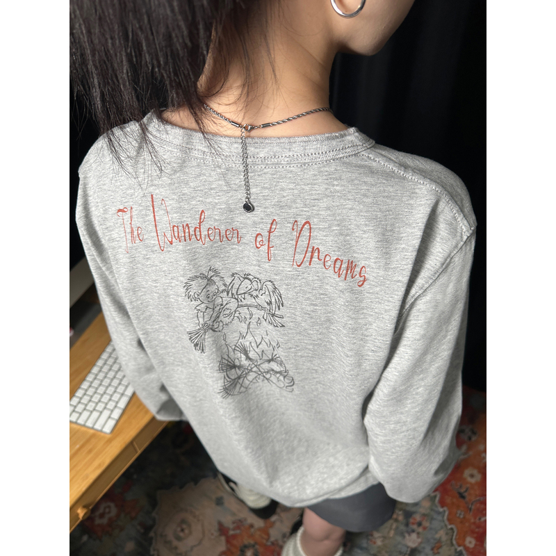 Pii Wondererofdreams Dream Wanderer Henry Button Collar Vintage Floral Gray T-Shirt Long Sleeve 260g