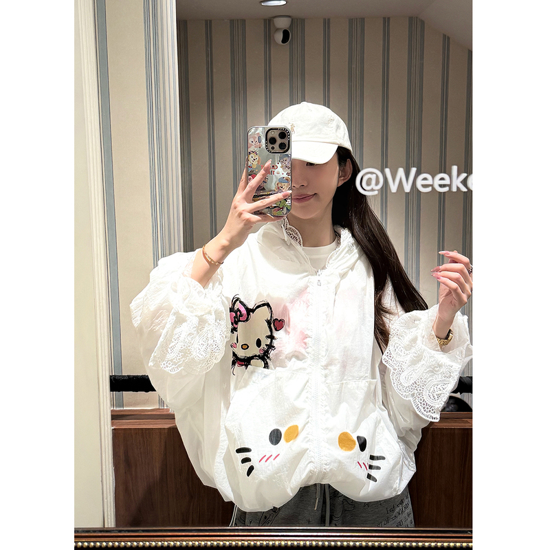 Summer New Cute Kt Cat Sun Protection Blouse with Hood, Graffiti Splicing Lace Zipper Design, Sunshade Long-Sleeved Top Summer New Cute Kt Cat Sun Protection Blouse with Hood, Graffiti Splicing Lace Zipper Design, Sunshade Long-Sleeved Top