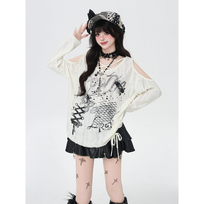 Subculture Sweet and Cool Spicy Girl Fun Print Asymmetrical Long-Sleeve Blouse Women's Autumn Y2K High-End Off-Shoulder Top Subculture Sweet and Cool Spicy Girl Fun Print Asymmetrical Long-Sleeve Blouse Women's Autumn Y2K High-End Off-Shoulder Top
