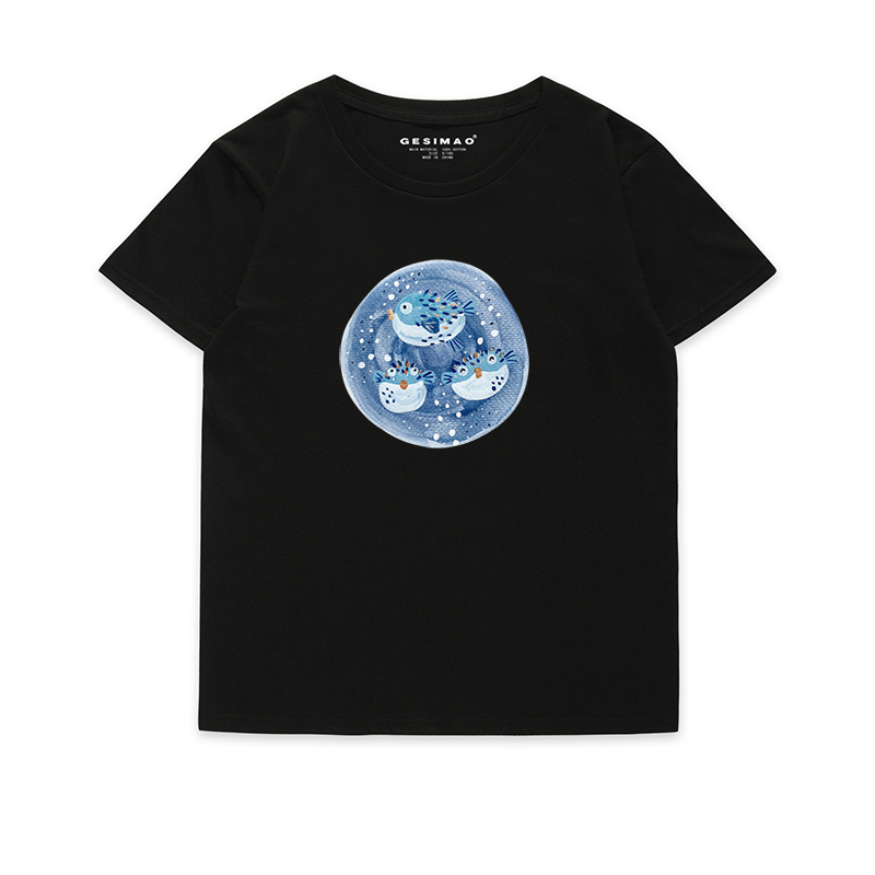 Gesimao Independently Designed New Japanese-Style Artistic Puffer Fish Couple Versatile Loose Round-Neck Short-Sleeve T-Shirt