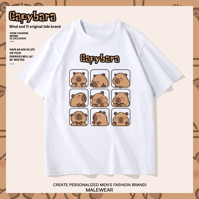 Kapibara Capybara Expression Pack Short Sleeve T-Shirt for Men, Summer Pure Cotton Loose Half-Sleeve Casual T-Shirt