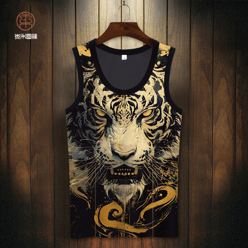 Tiger Print Vest Men's Chinese Style Summer Thin Sleeveless T-Shirt Oversize Seamless Tank Top Ins National Trend