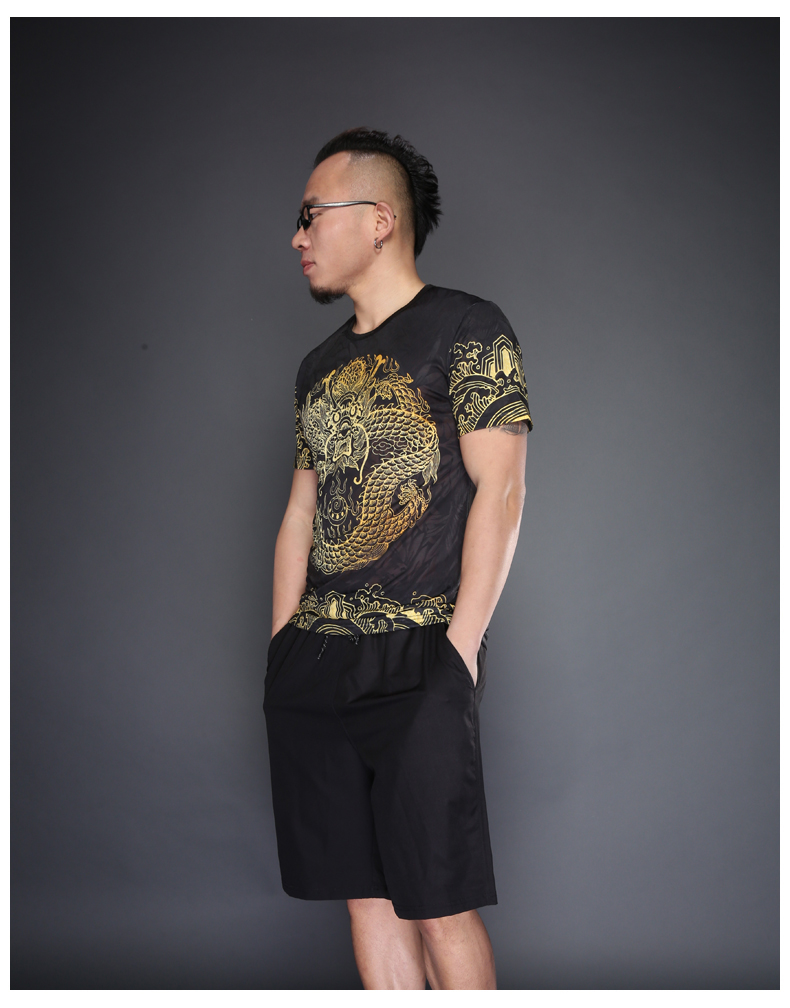 Trung quốc mực phong cách khói Trung Quốc rồng totem in ấn ngắn tay T-Shirt mùa hè kích thước lớn nam rồng nửa tay áo triều của nam giới quần áo