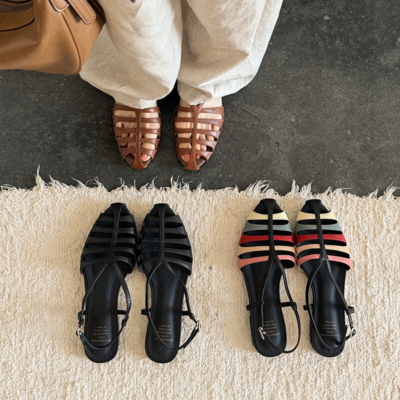 Highly Recommended, Really Beautiful! Minimalist Thin Strap Combination Woven Hollow-Out Roman Flat Sandals, Vacation Style Pig Cage Sandals
