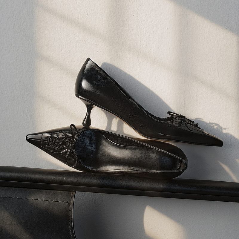 Destiny Yumi 26 Early Spring New Style Pointed Toe Genuine Leather Shallow Strap Single Shoes Kitten Heel Black High Heels