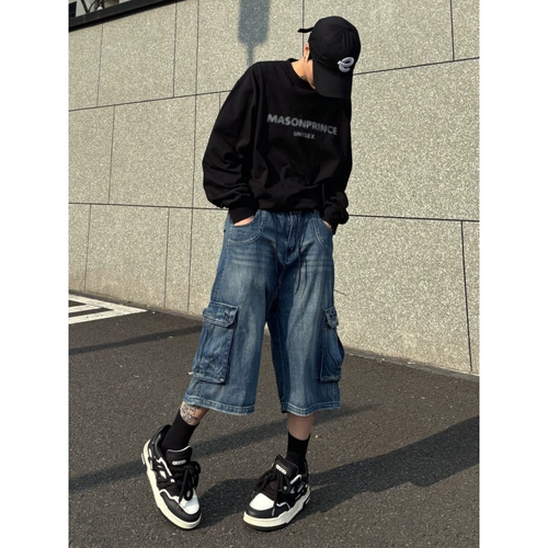 Джинсовые летние штаны подходит для мужчин и женщин, шорты, в американском стиле, свободный крой