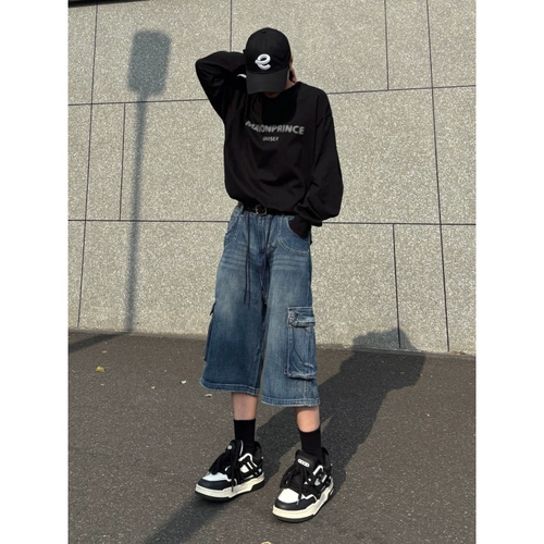 Джинсовые летние штаны подходит для мужчин и женщин, шорты, в американском стиле, свободный крой