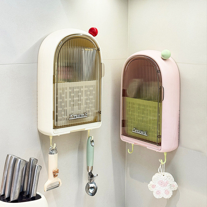 Kitchen chopstick cage wall-mounted chopstick storage box with cover dust-proof chopstick tube household draining tableware spoon chopstick basket holder