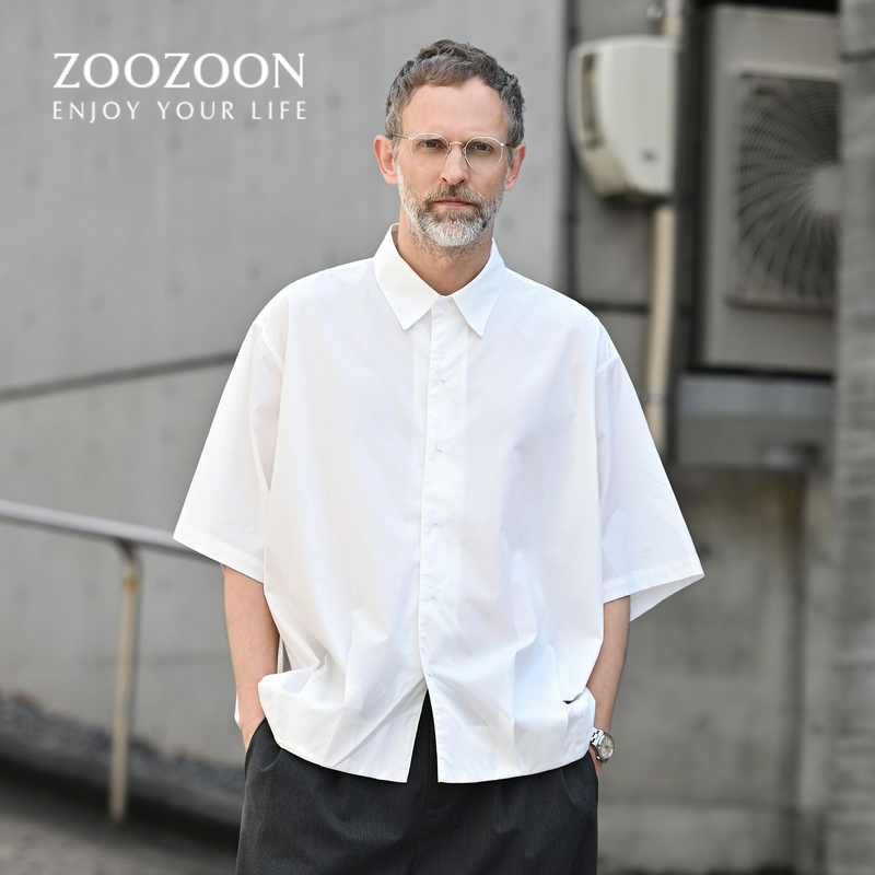 Zoozoon Men's Shirt 2026 Summer Loose Fit Turn-Down Collar Five-Quarter Sleeve Shirt Urban Casual Versatile Solid Color Shirt