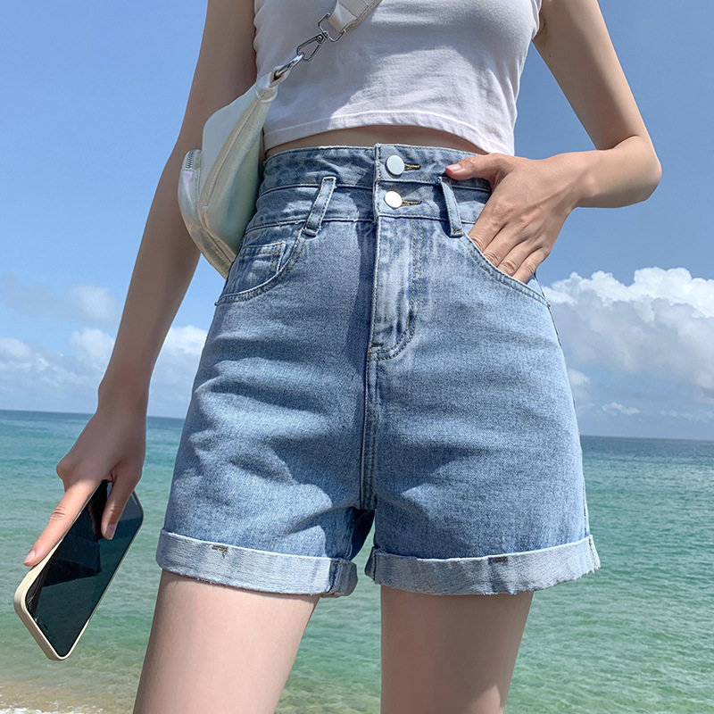 Korean denim shorts women's 2021 summer new high waist slimming wide legs loose a-line trendy ins hot pants breasted