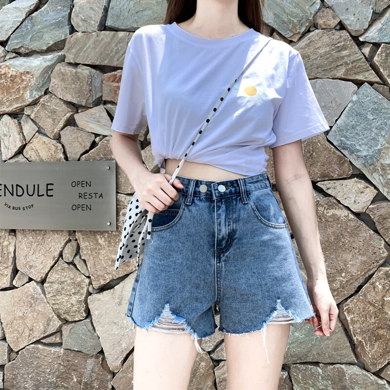 European version of ripped denim shorts women's summer 2021 new loose high waist slimming hair edge trendy ins wide leg pants