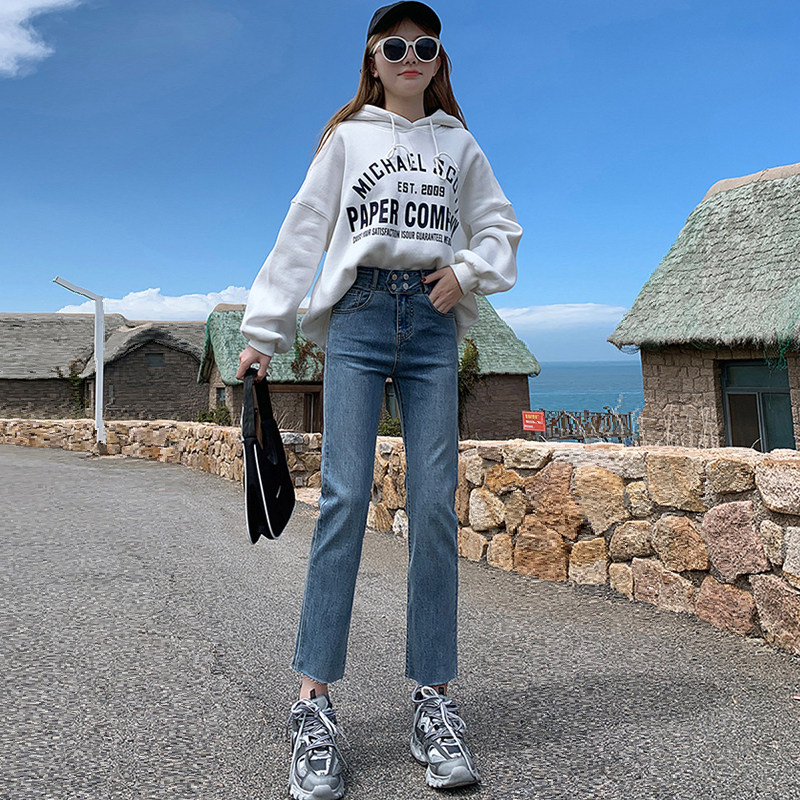 South Korea 2021 light blue small straight skinny jeans women's summer nine-point loose slim high-waisted eight-point cigarette pants