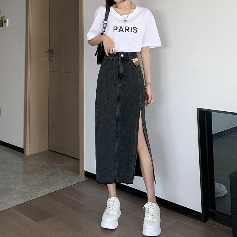 European style denim skirt women's 2021 summer mid-length high waist a-line slit bag hip long skirt thin section