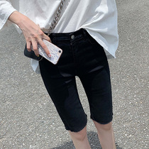 European version of high-waisted denim five-point pants womens tight-fitting 2021 summer thin elastic straight-leg shorts riding frayed mid-pants