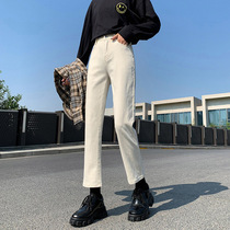 European version of white jeans womens straight loose high waist thin all-match 2021 spring new nine points daddy pants
