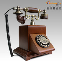 European antique old-fashioned solid wood craft retro turntable phone with rope rotary dial phone wired landline