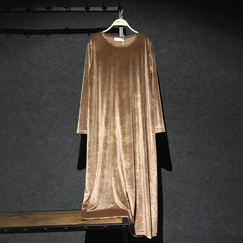 Zuo Tuo 2018 mùa thu mới retro nhung của phụ nữ dài tay cổ tròn cơ sở lỏng rắn màu váy dài váy váy babydoll