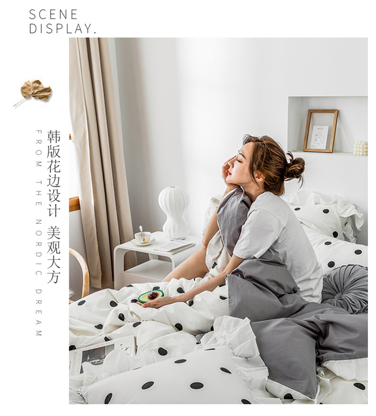 Giường ngủ Bắc Âu bốn mảnh in gió đen và trắng công chúa kiểu váy cotton bốn mùa phổ giường - Bộ đồ giường bốn mảnh chăn ga gối forever