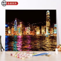 diy digital oil painting Oil painting Living room city landscape Hand-painted digital coloring decorative painting Hong Kong night view