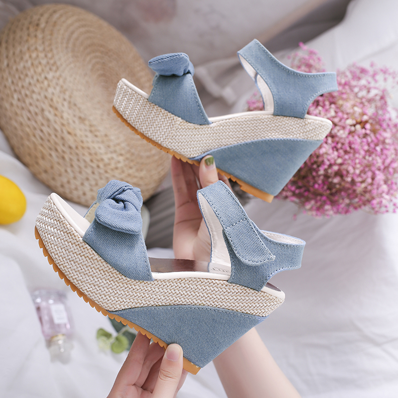 11cm Ultra-High Heel Sandals for Women, Summer Thick-Soled Wedge Heels with Bow, Versatile Velcro Straps, Comfortable Platform Beach Shoes for Women