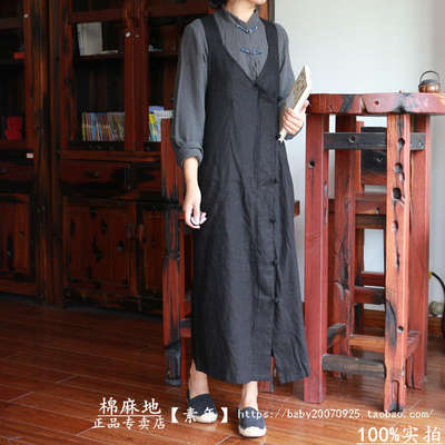 Clearance sale with no subsidy - black cotton and linen artistic style halter and buckle dress