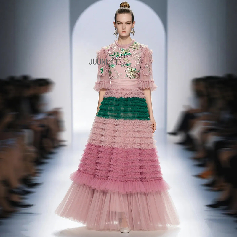 High-End Banquet Contrasting Color Puffy Dress Long Skirt Heavy-Duty Mesh Embroidery Beading Sequin Short-Sleeve Dress 2026