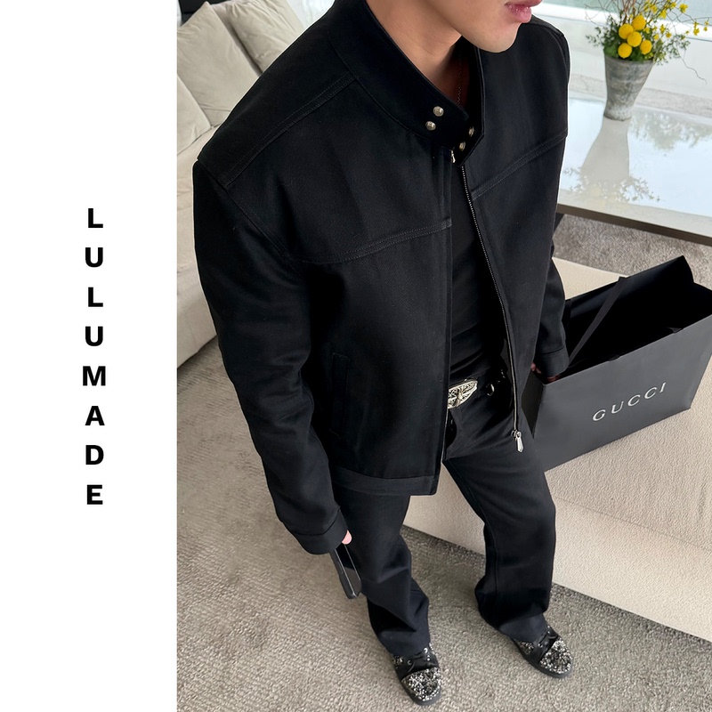 Lulumade【Guc21700 Version】Heavyweight Genuine Leather Horsebit Harrington Stand Collar Jacket Denim Coat for Men