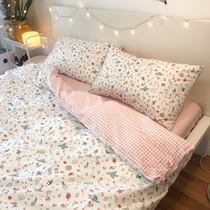 Korean small floral net red ins wind pure cotton four-piece set girl dormitory small fresh simple cotton quilt cover fitted sheet