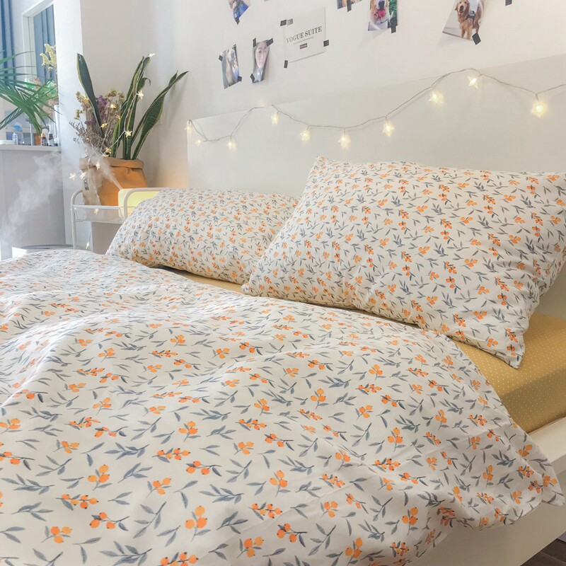 After rain Loquat Pure Cotton Four Pieces Fresh Yellow Korean Style Small Broken Flower Bed 1 5 1 8m All cotton naked bed bamboo hat