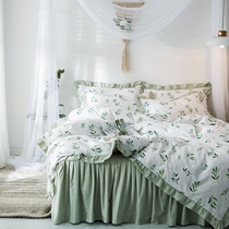Spring and summer NEW Korean version of floral cotton four-piece Princess wind pastoral green plants lotus bed skirt