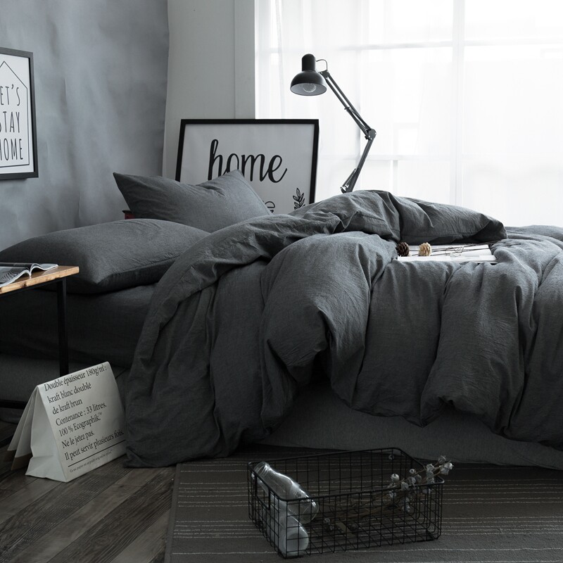 Japanese-style hotel solid color unprinted pure cotton washed cotton four-piece set Dark gray dark black double duvet cover 1 8 bed sheet