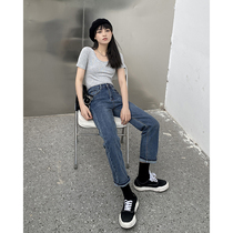 Small lazy high waist jeans women straight tube loose summer thin dark blue spring and autumn slim nine points pants INS tide
