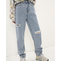Small lazy ripped jeans womens new summer 2021 straight tube loose waist slim tide INS high street pants
