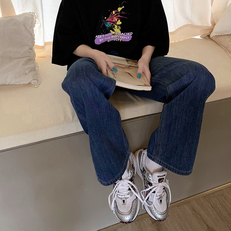 Racing Small Sloth High Waist Display Slim Pants Spring Dark Blue Jeans Lady Spring Autumn Straight Cylinder Loose wide legs Ins dark