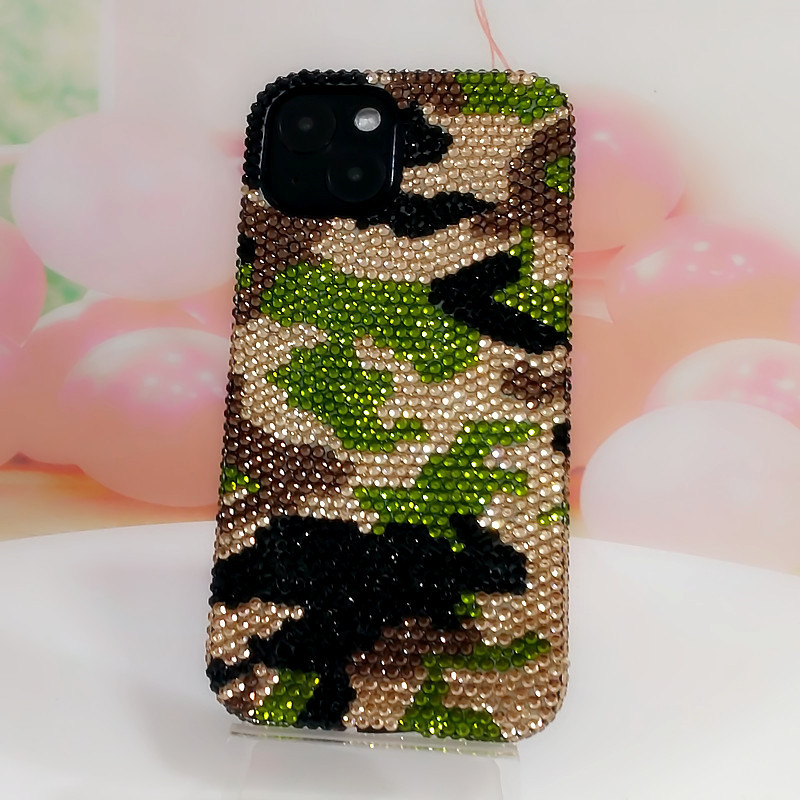 Suitable for iPhone 11 12 1314Pro Max Apple 8Plus Mobile Phone Case with Rhinestones New Green Camouflage XS