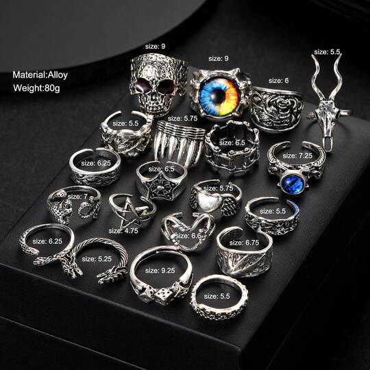 20 Piece Set of Rings Dark Hip-Hop Skull Spider Playing Card Exaggerated Retro Rings 20-Piece Set