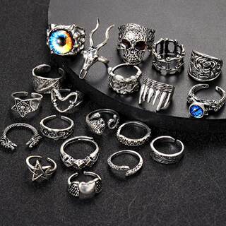 20 Piece Set of Rings Dark Hip-Hop Skull Spider Playing Card Exaggerated Retro Rings 20-Piece Set