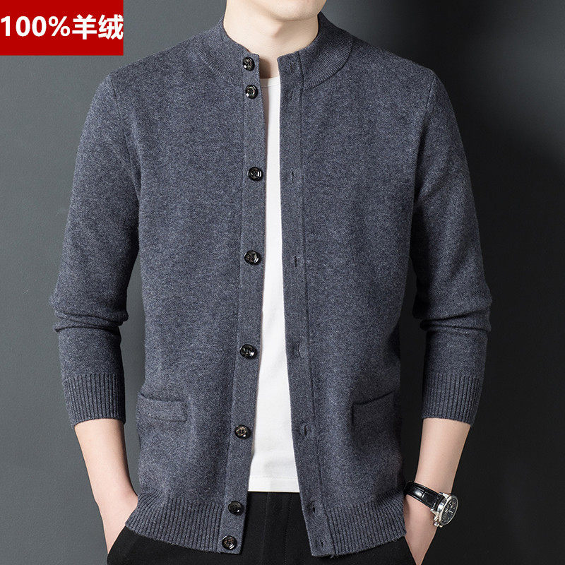 Pure Cashmere Thickening Needle Weaselwear Jacket Men's Half Height Collar Sweater Sweater Soft Glutinous 100% Pure Kashmir Wool Button