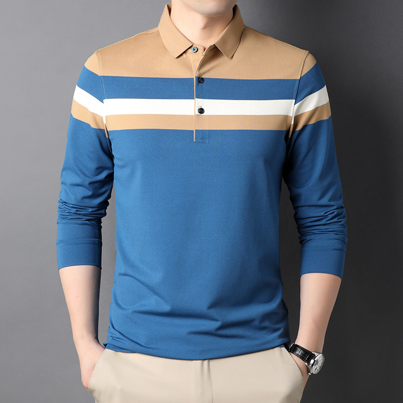 2022 Spring new turn-collar Polo shirt for men long sleeves T-shirt Coloured striped blouses for men's T-shirts
