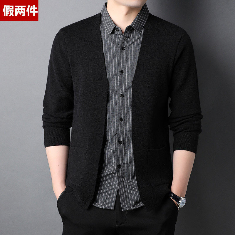 Brand men's clothing new fake two-piece sweatshirt men's shirt collar cardiovert jacket Korean version trend handsome sweater