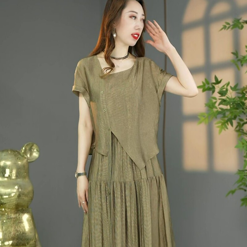 Original Designer High-End European Style Summer Dress, New European-Style Acetate Faux Two-Piece A-Line Dress