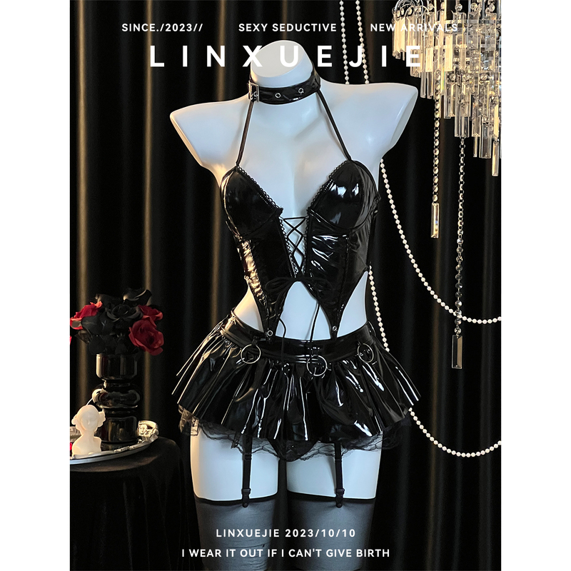 Sister Lin~ Sexy Patent Leather Little Devil Cosplay Catwoman Halloween Costume Succubus Mini Skirt Uniform Set Qqny