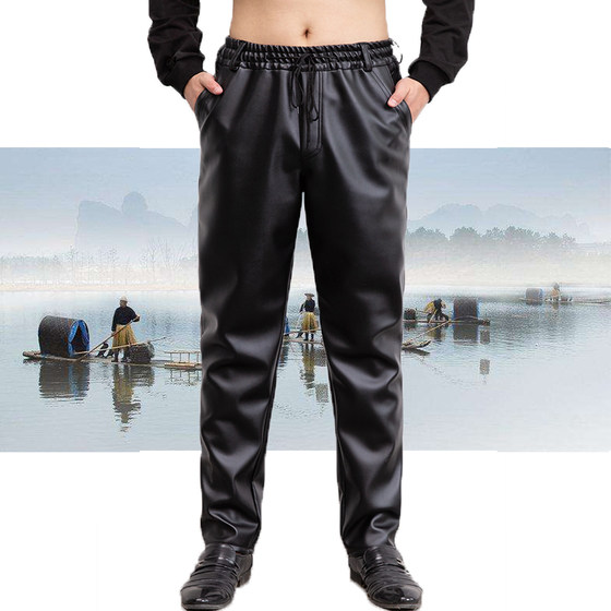 Men's leather pants with velvet and thickening for middle-aged and elderly people, loose windproof, warm and waterproof motorcycle riding and driving labor protection work pants