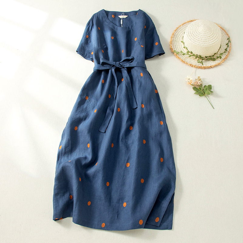 Foreign Trade Export Surplus Stock Japanese-Style Ramie Dress, Waist-Cinching, Slimming, Polka Dot, Large Hem, Cotton-Linen Mid-Length Dress