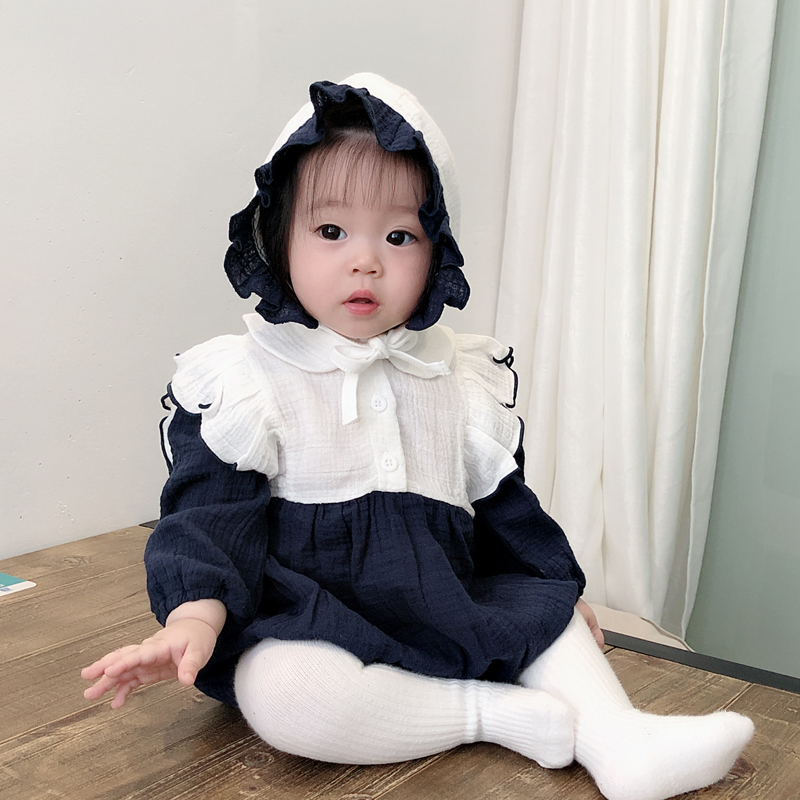 ins2022 spring autumn newborn baby pure cotton baby lotus leaf lace long sleeve farted baby even body suit climbing and sending hat