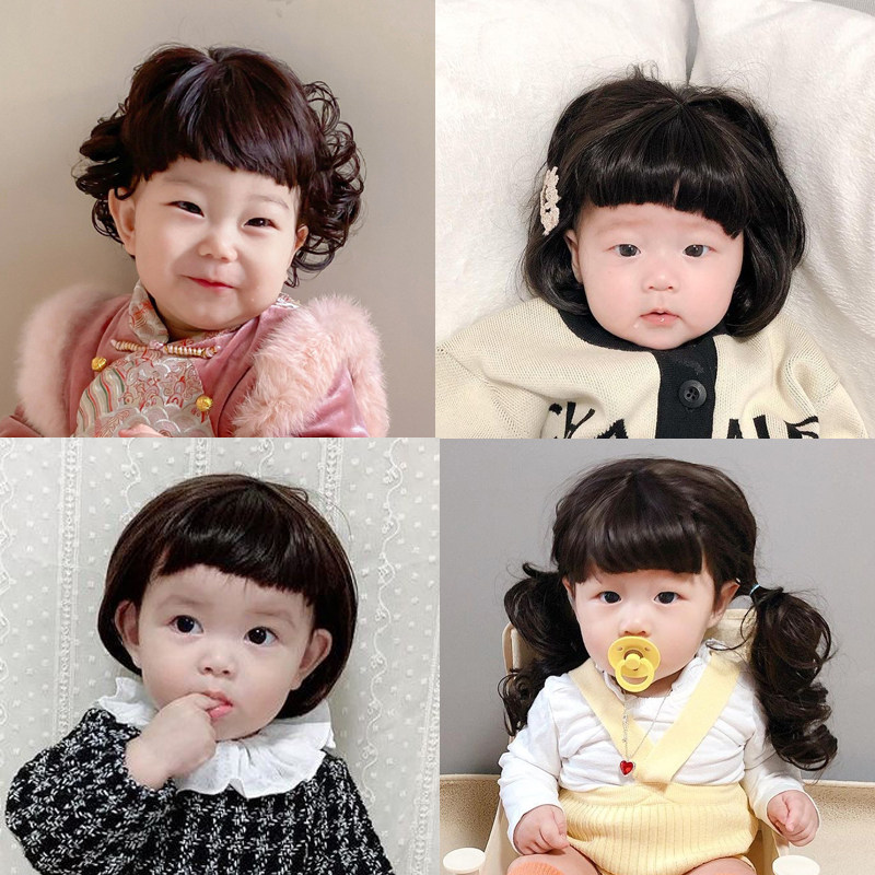 Insts hot style baby cute girl short curly hair princess wig cap children photography 100 days baby hair accessories