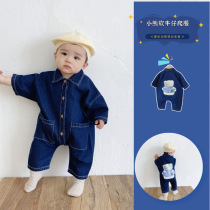 ins 22 the new Korean baby conjunction clothes cute bear soft cowboy soft sleeve and long - sleeved climb out