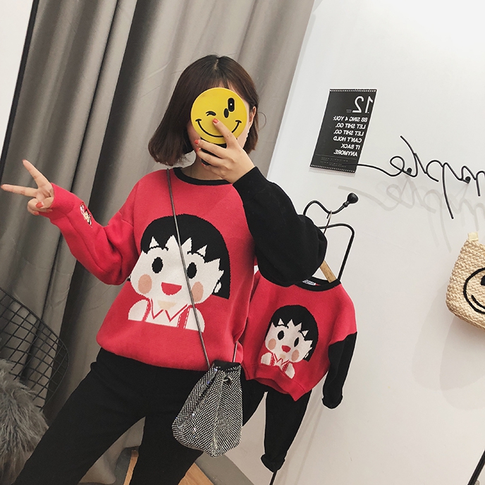 CHICFISH Phiên bản Hàn Quốc của phụ huynh-con tải 2018 thu đông 2018 mới siêu nhỏ xinh xắn quả bóng nhỏ màu áo len mẹ mẹ và con thủy triều mẫu áo đồng phục gia đình